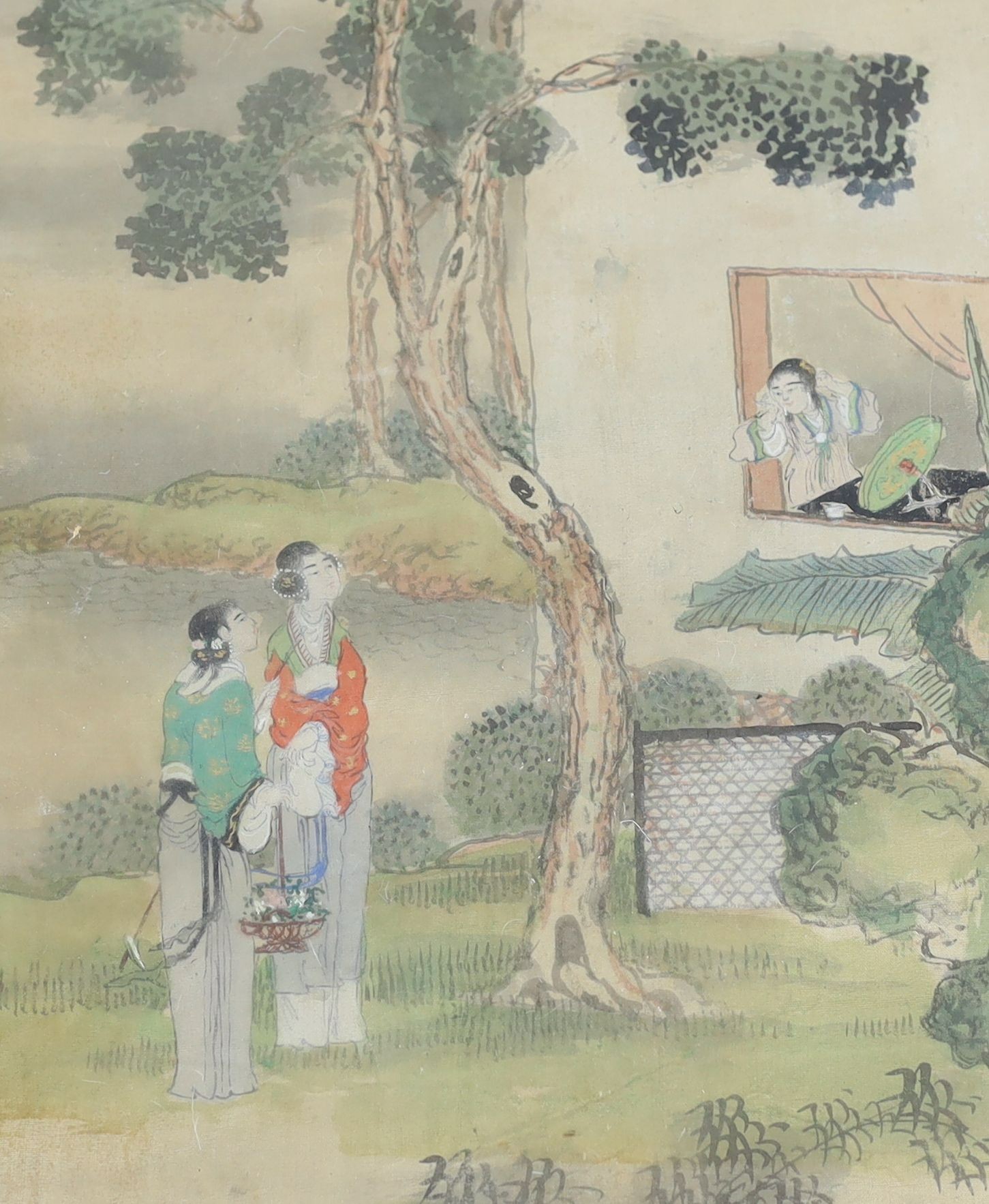 A pair of Chinese paintings on silk of ladies playing music and gardening, late 19th century, Image 29 cm x 22 cm